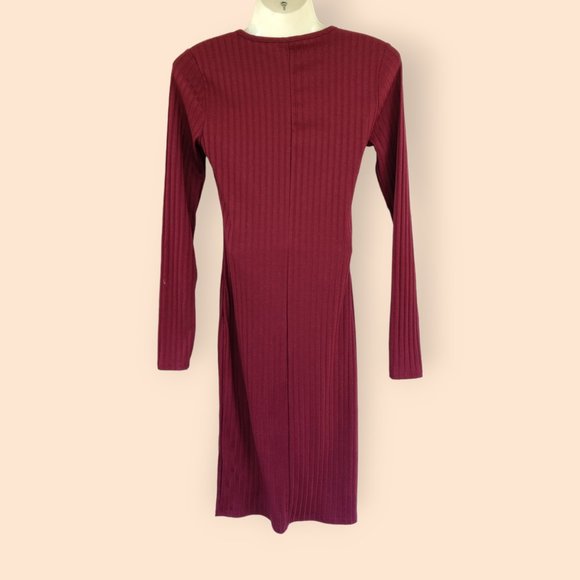Forever 21 Medium Red Burgundy Stretchy Ribbed Knit Dress Bodycon Long Sleeve - Picture 2 of 5
